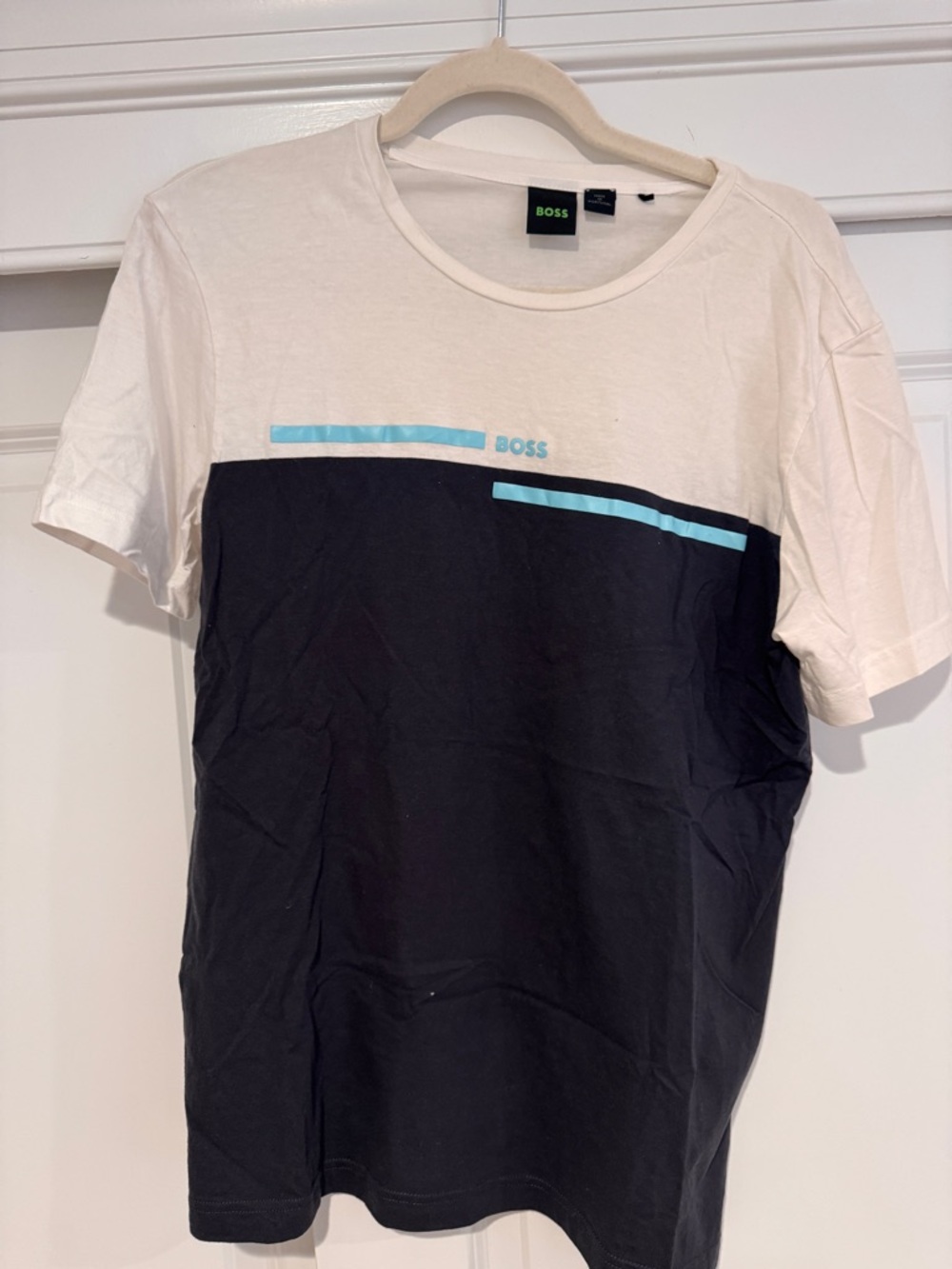 Boss Two-Tone Navy Blue and White Short Sleeve Tee with Aqua Stripes